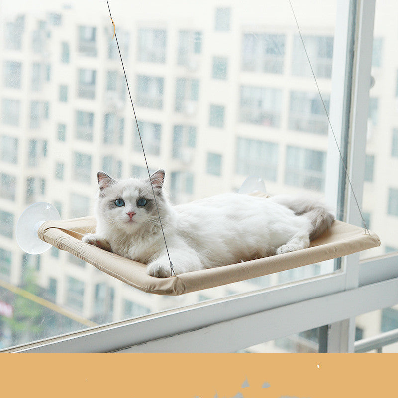 Khaki cat window hammock in breathable Oxford fabric