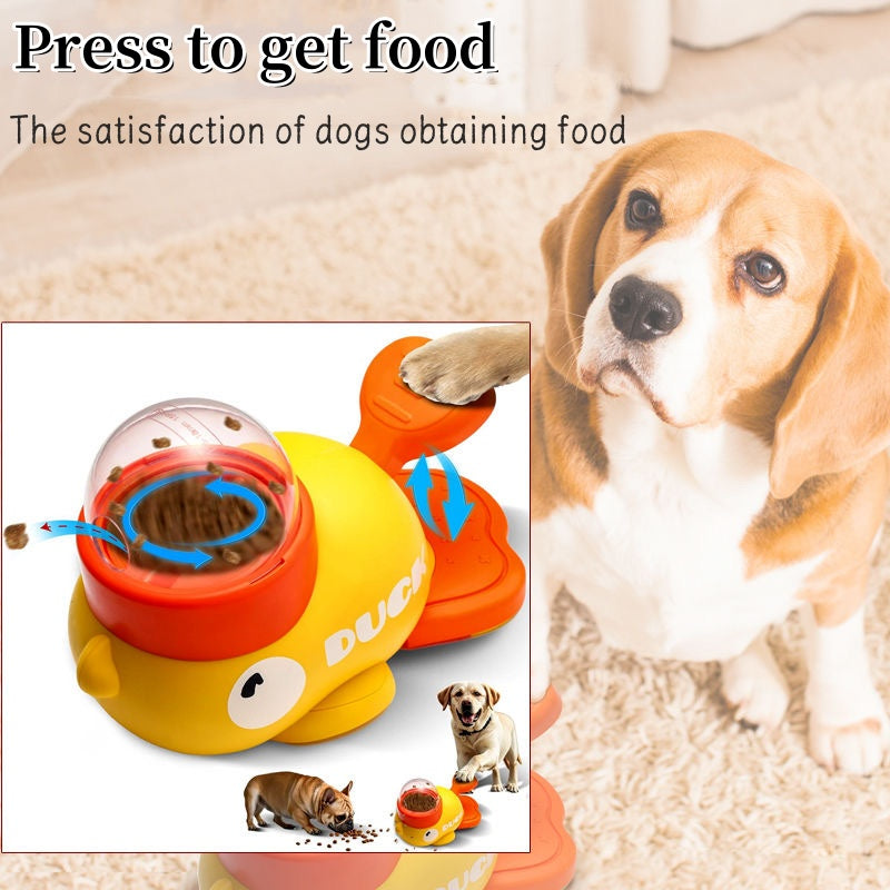 Dog pawing at interactive puzzle feeder brain game