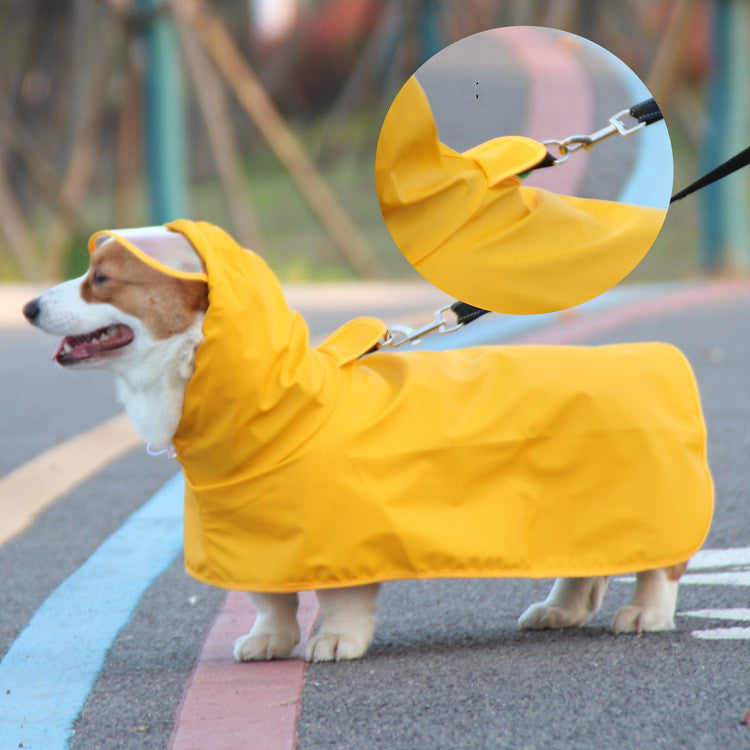 Adjustable dog raincoat keeping belly and legs dry