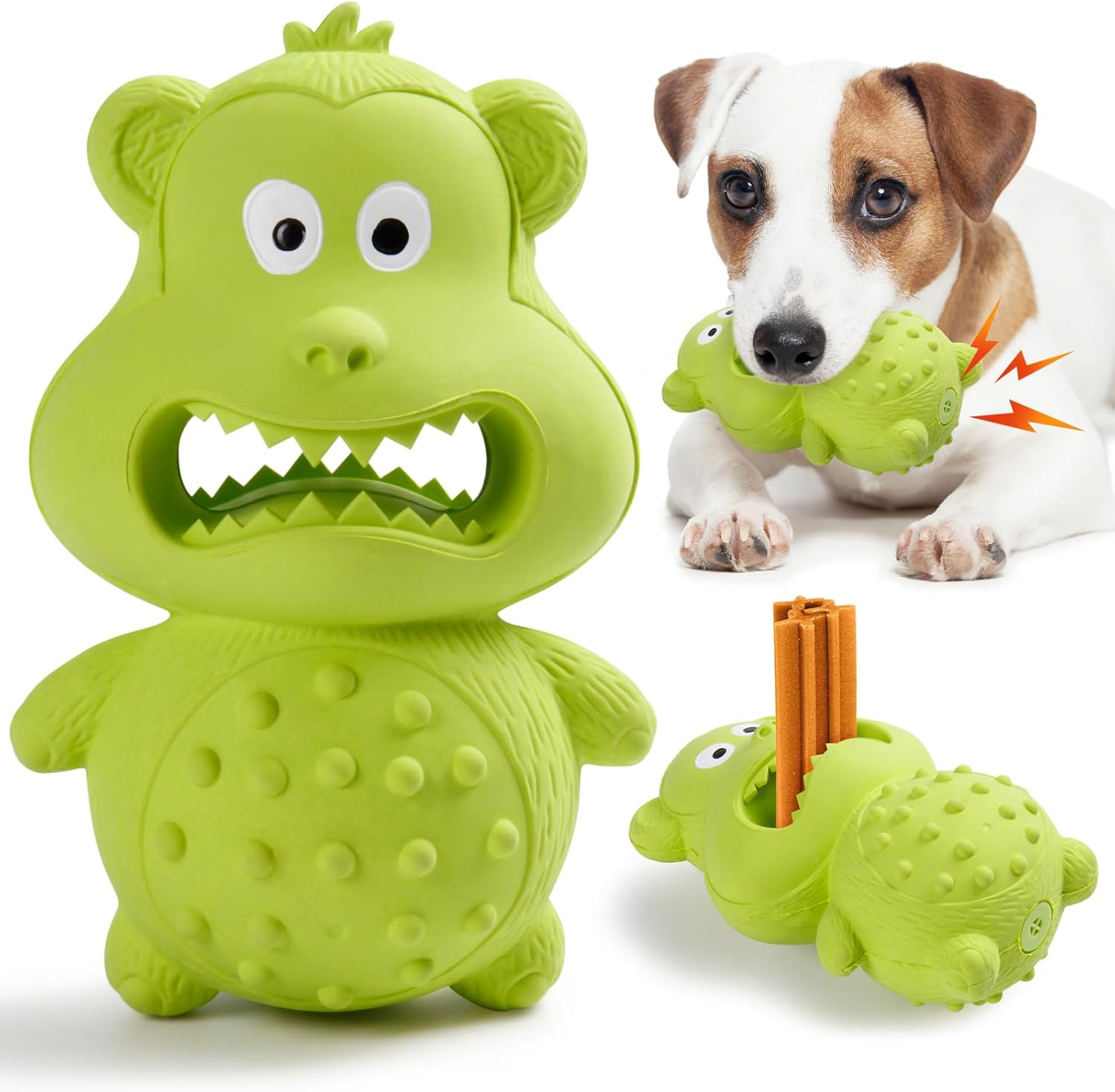 Tough natural-rubber dog chew toy treat-fillable fetch and squeak