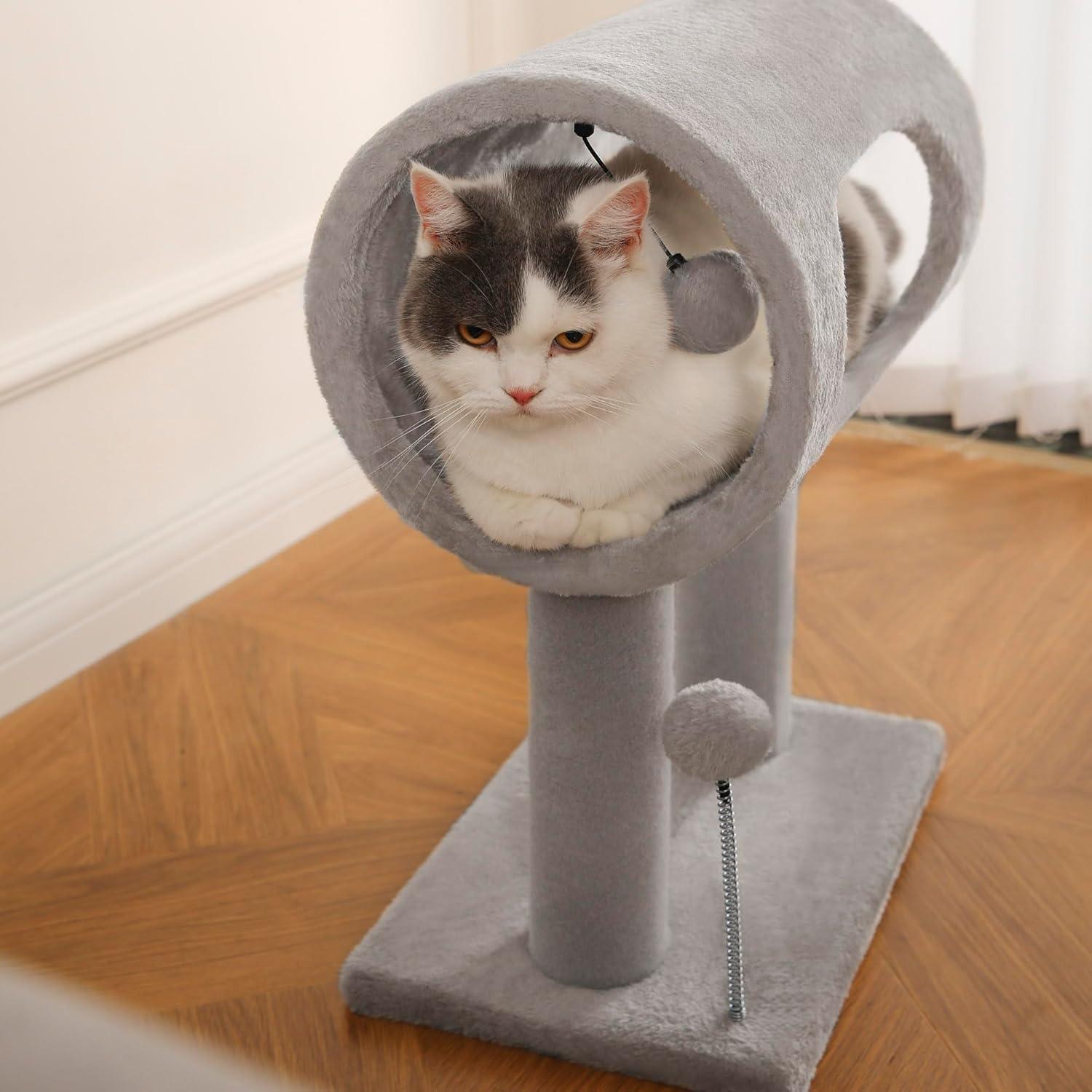 Compact cat scratching tower with dangling toy ball for indoor cats