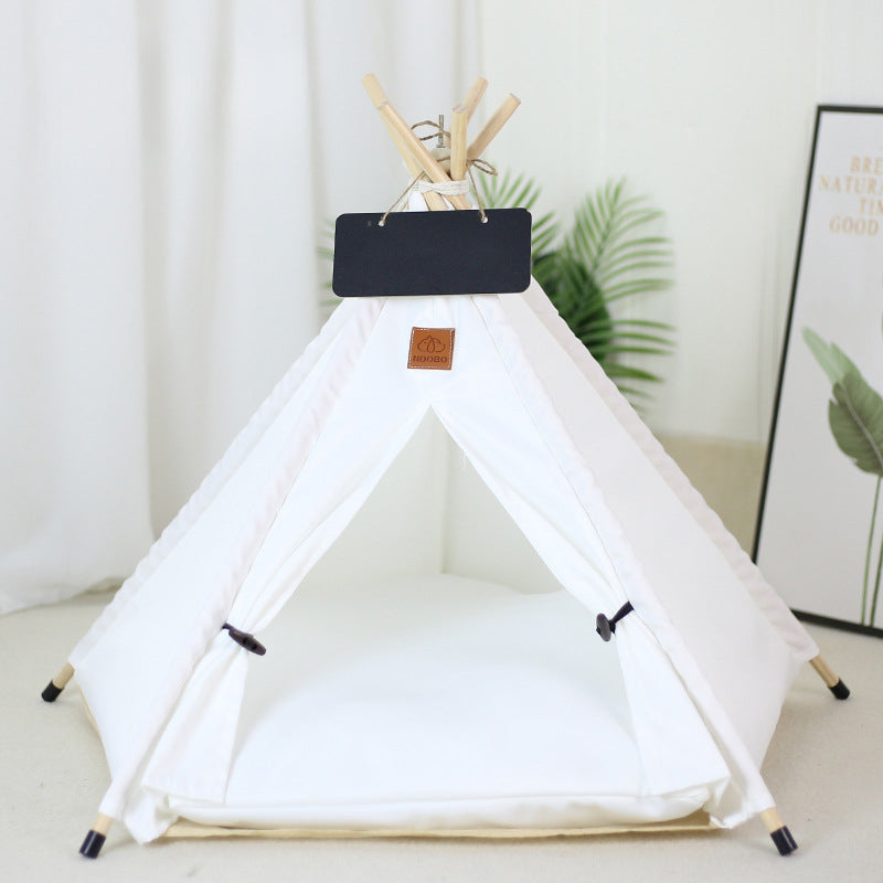 White pet teepee tent with padded cushion base