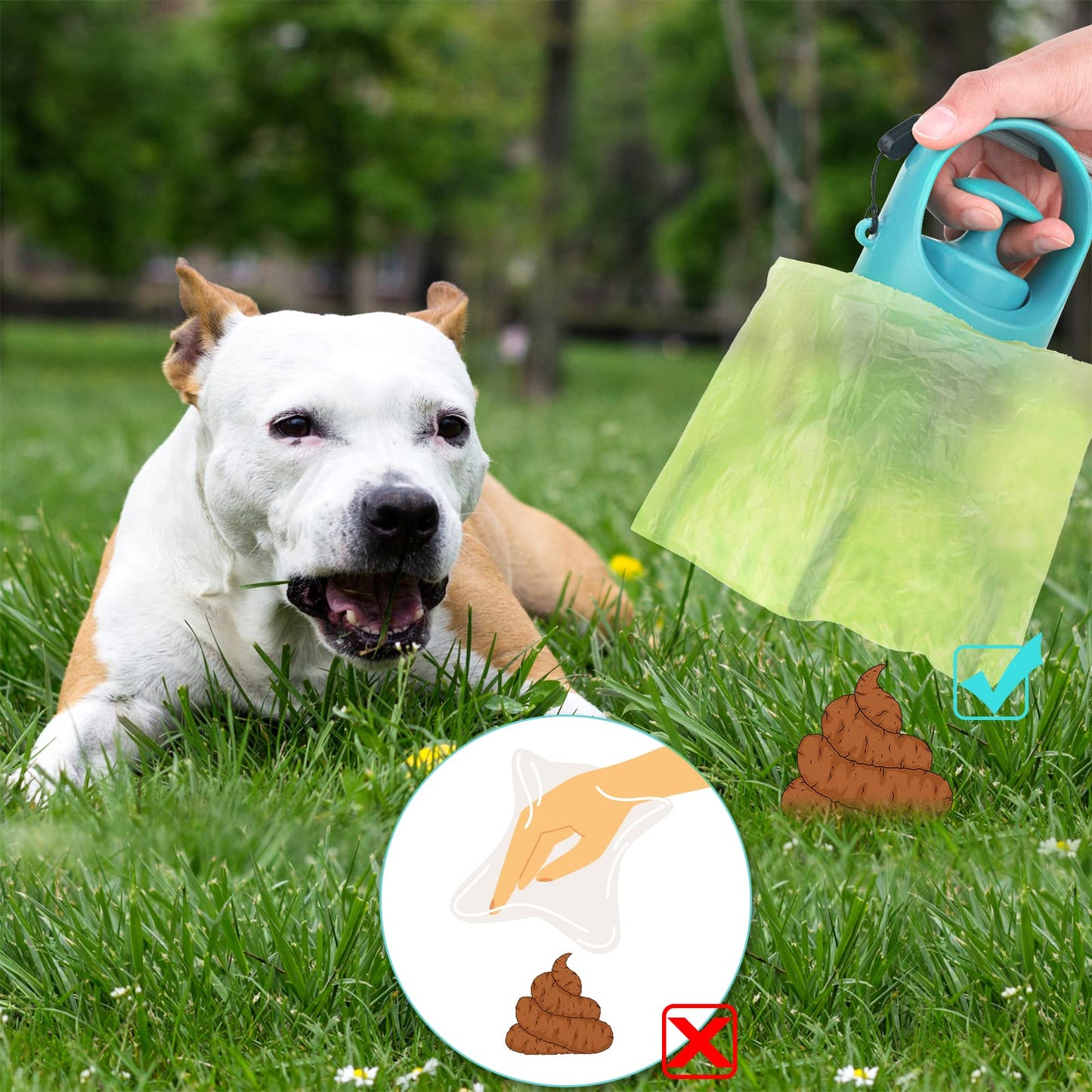 Hands-free dog poop scooper with built-in bag dispenser