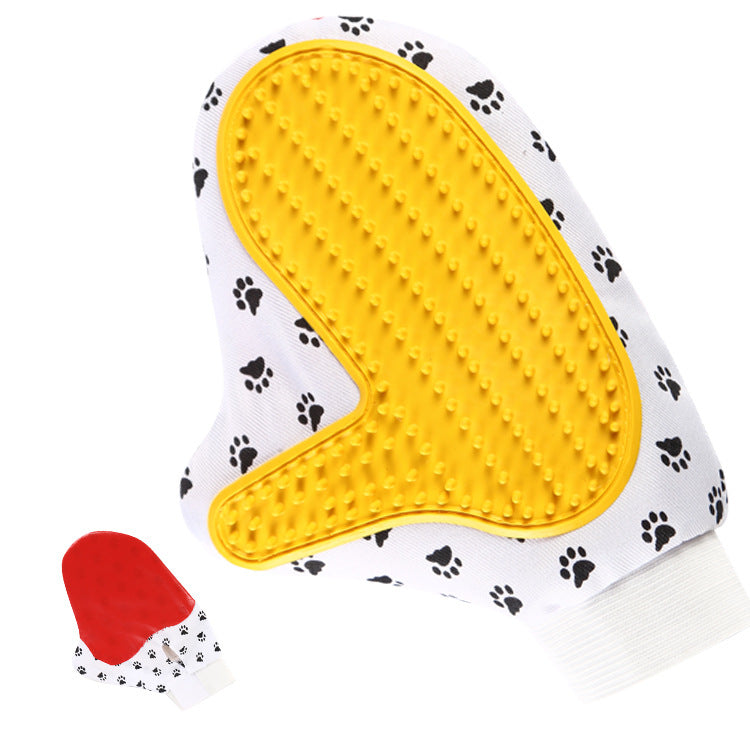 Five-finger silicone grooming mitt reaching legs and tail