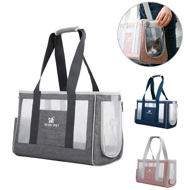 Grey breathable travel tote carrier with pet visible through mesh window