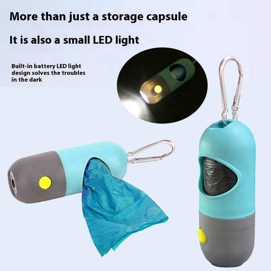 Lead-attachable waste bag holder with LED light for dog walks