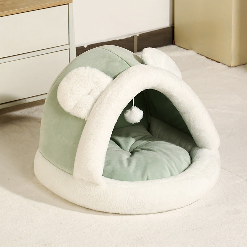Sage green enclosed pet hut bed