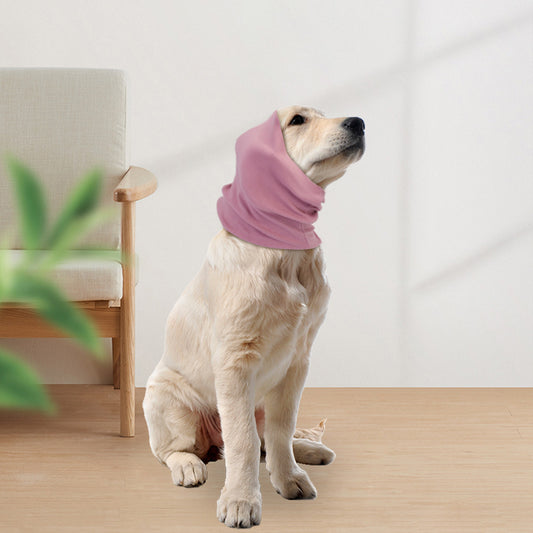 Dog wearing a calming noise-reduction snood