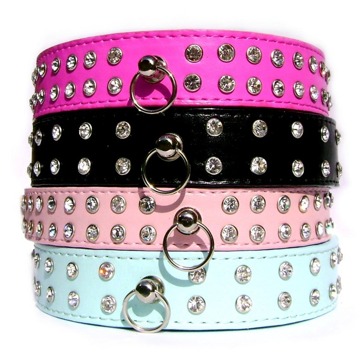 Double-row crystal dog collars in black, pink and blue