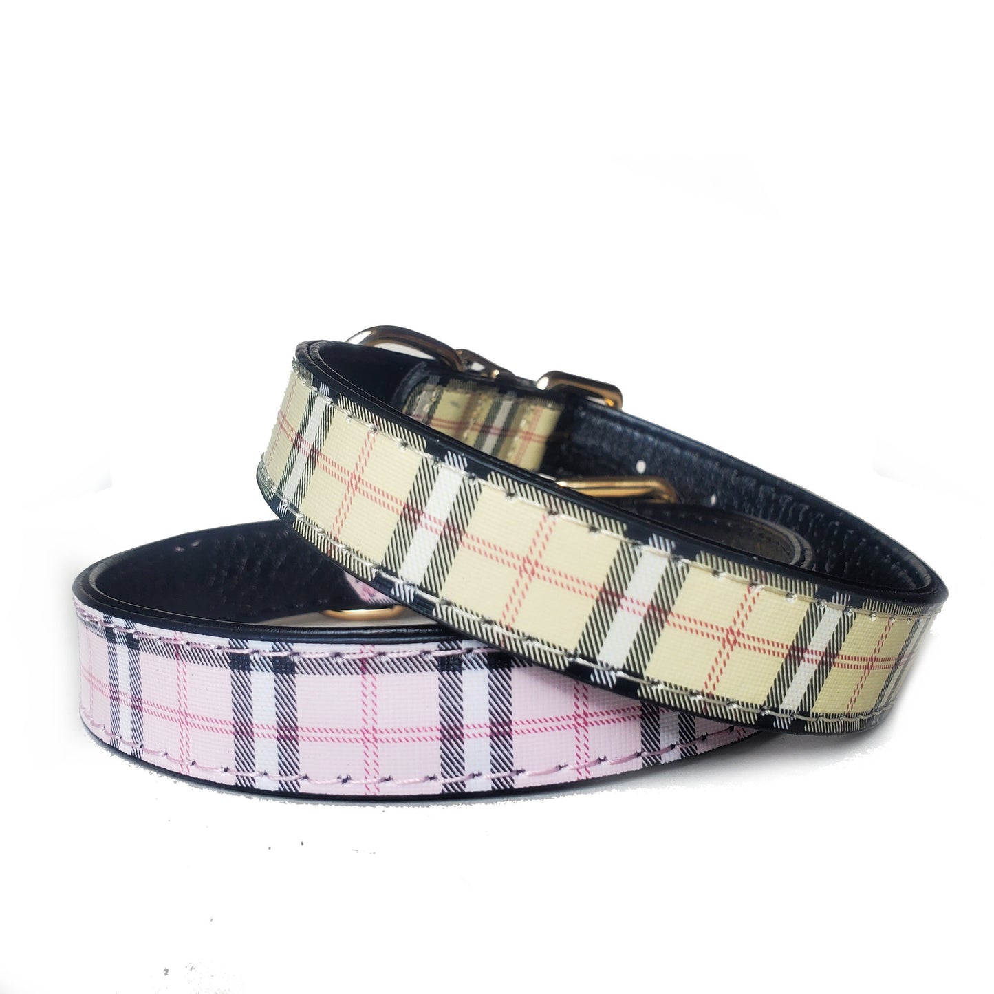 Tartan check dog collars in cream and pink