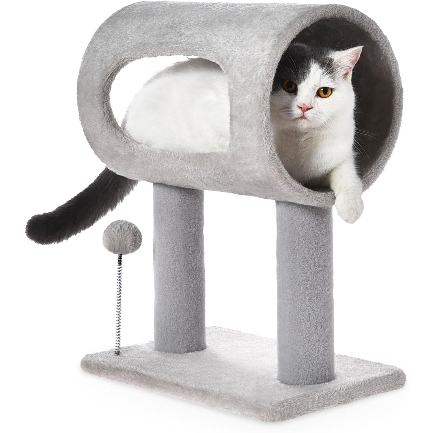 Grey indoor cat tree tower with tunnel, scratching posts and hanging play ball