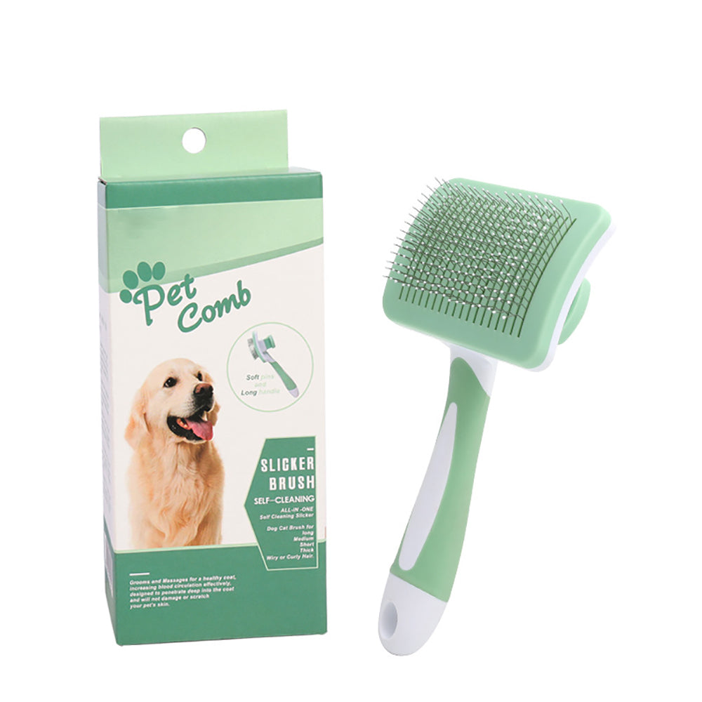 Green self-cleaning slicker grooming brush