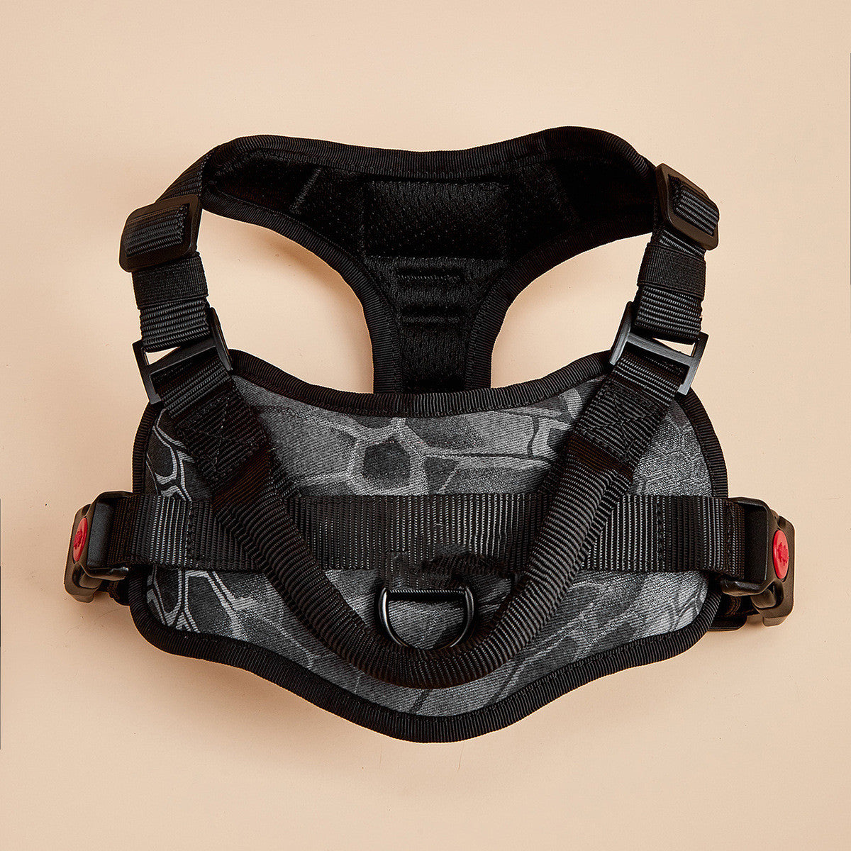 No-pull dog harness in camouflage black reflective design