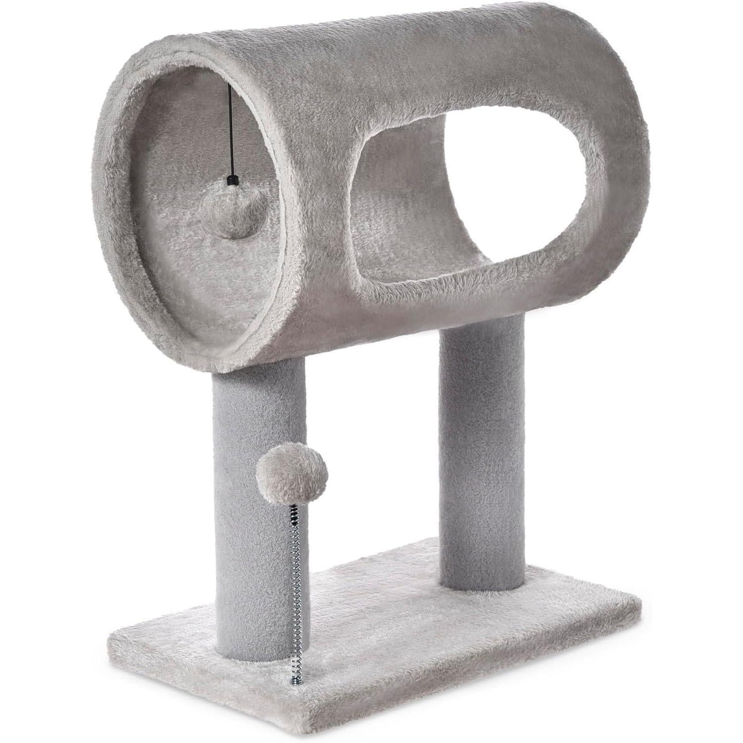 Grey cat tree tower side view showing tunnel and posts