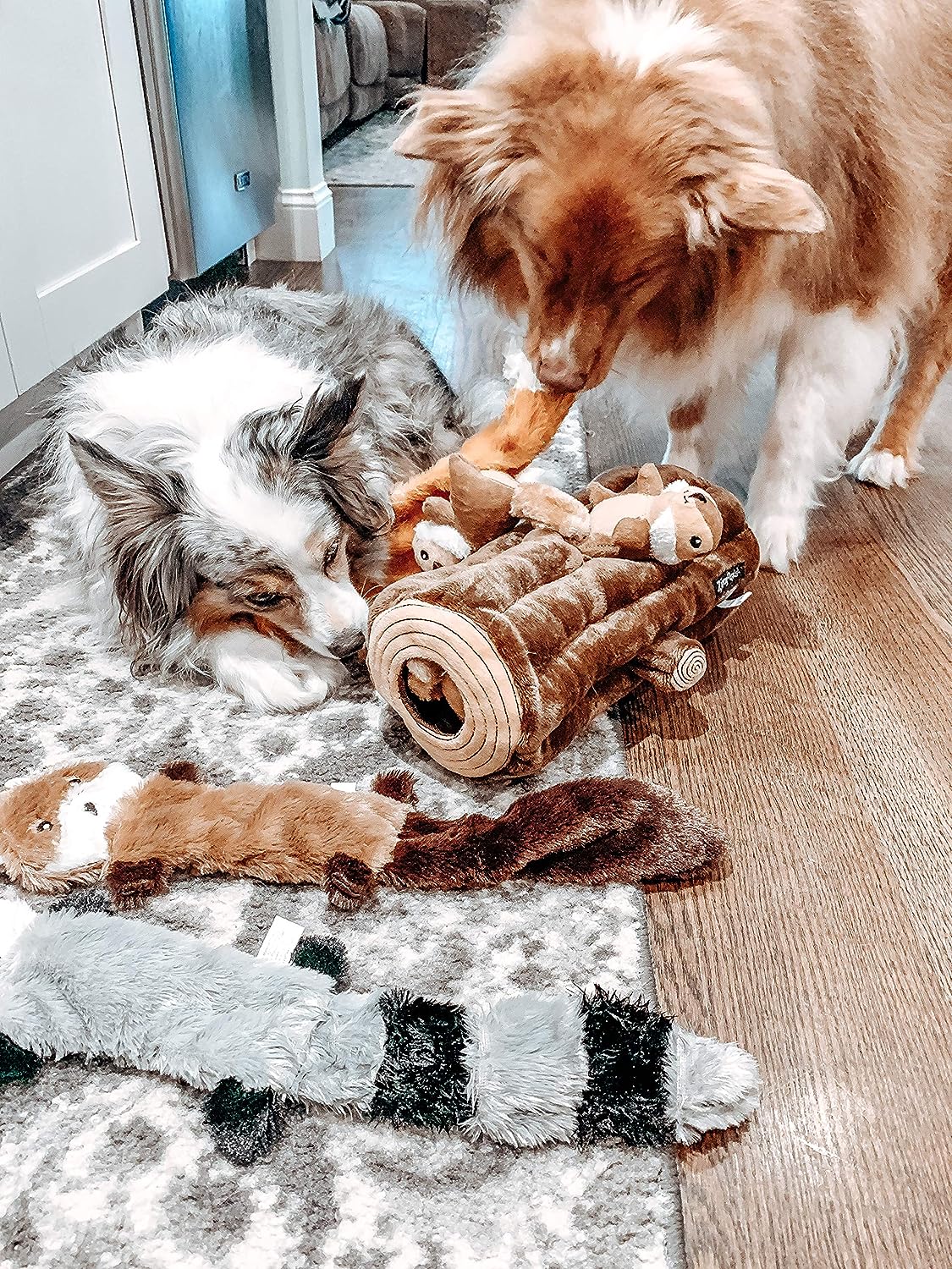 Flat no-stuffing dog toy with three squeakers