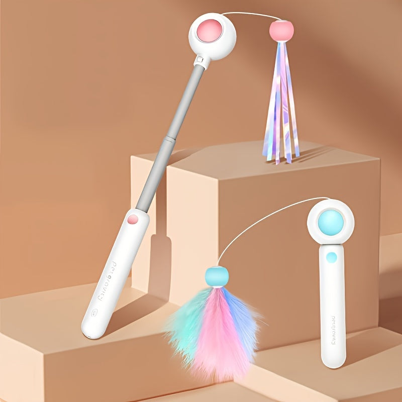 Retractable cat teaser wand with replaceable feather heads