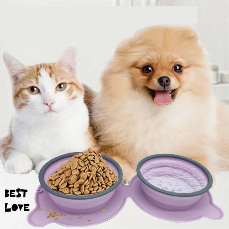 Foldable double travel dog bowl portable silicone food and water dish