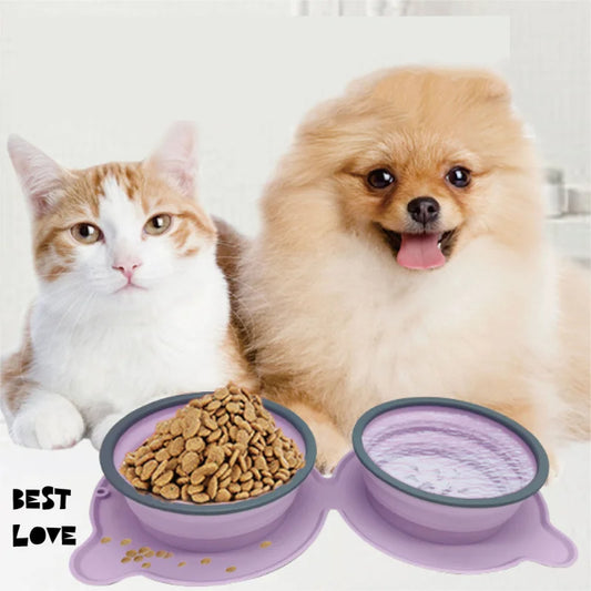 Foldable double travel dog bowl portable silicone food and water dish