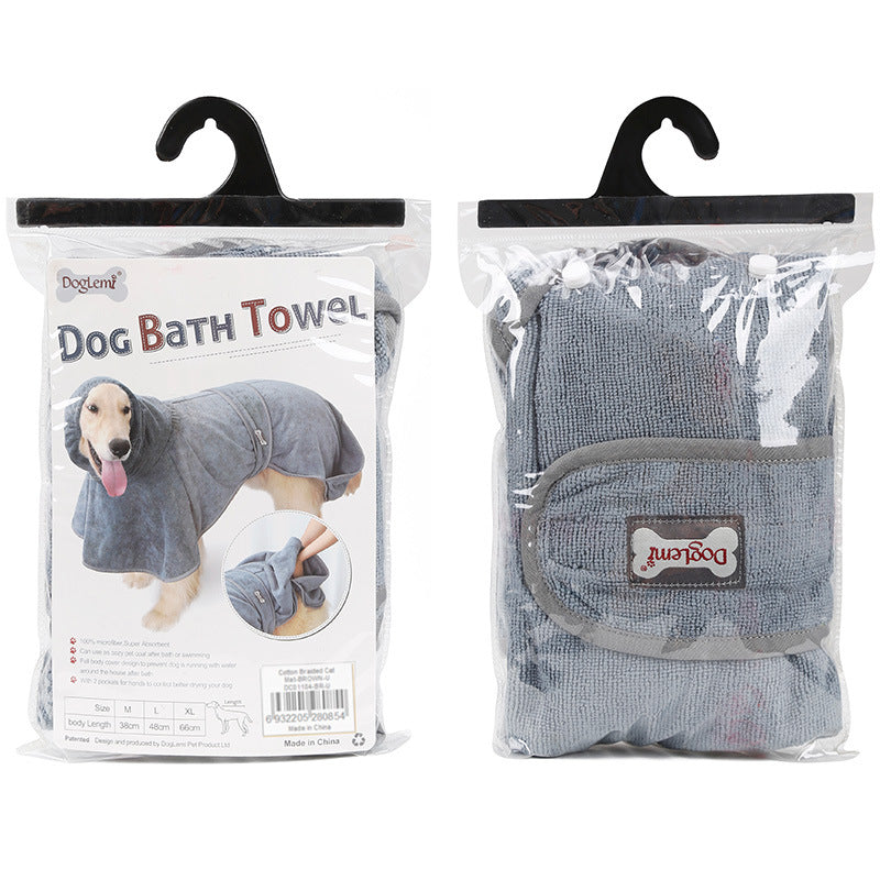 Dog wearing terry cotton absorbent bathrobe after a bath