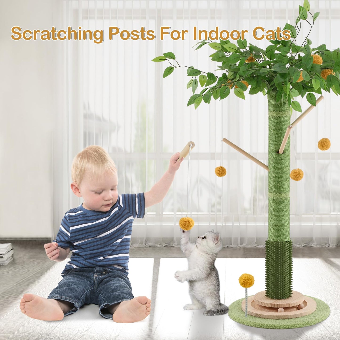 Cat stretching on natural sisal scratching post