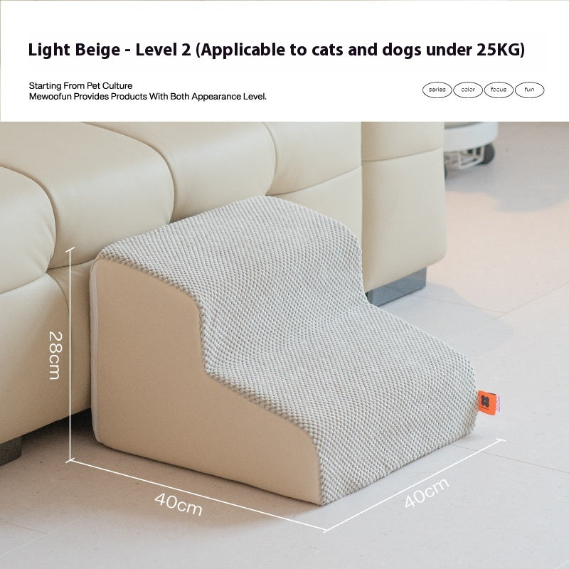 Beige plush pet steps for reaching beds and sofas