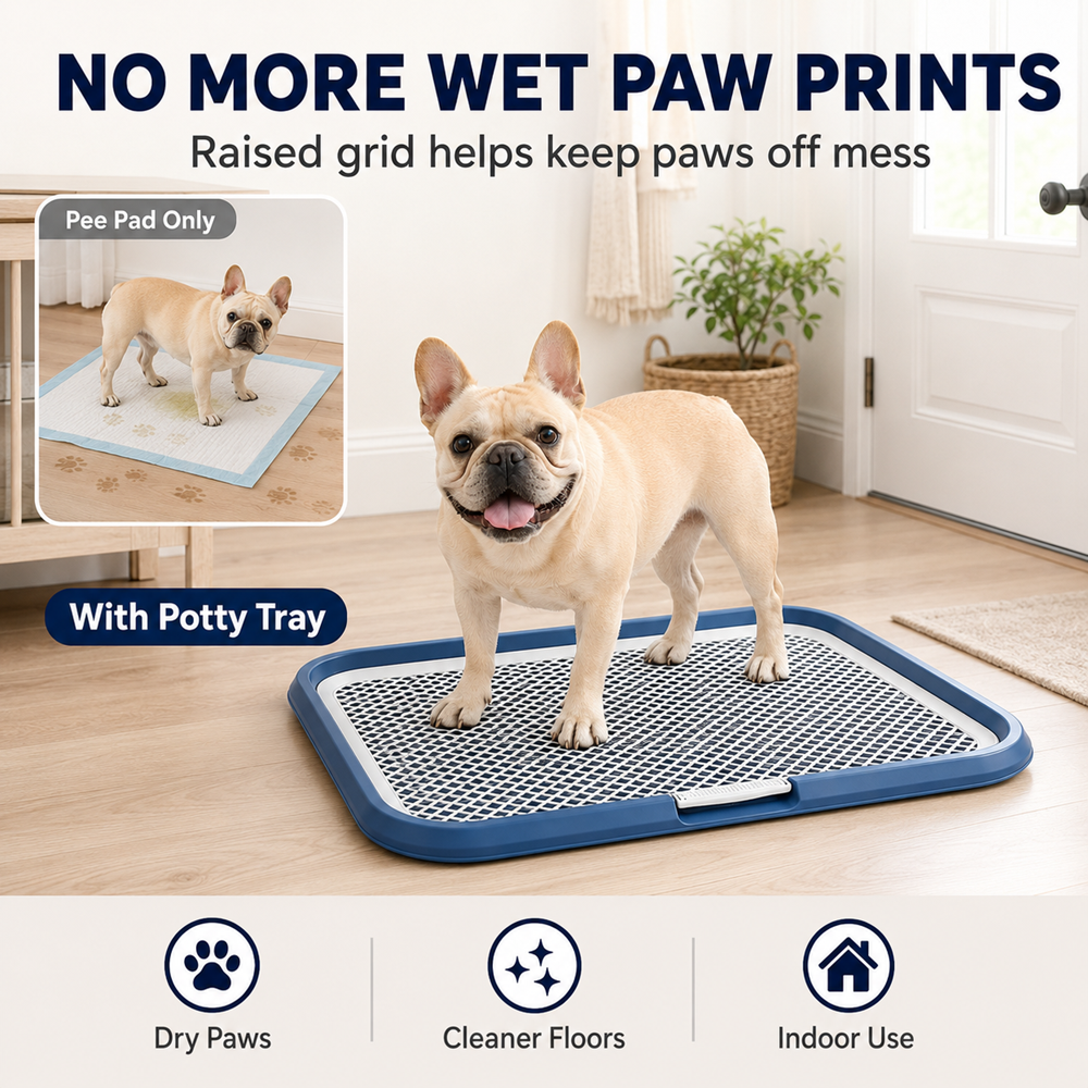 Removable mesh grid lifted out of leak-proof potty tray for cleaning