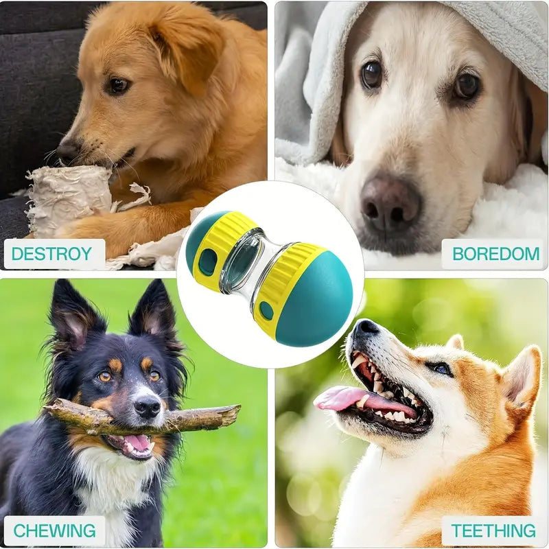 Dog rolling a treat-dispensing puzzle toy
