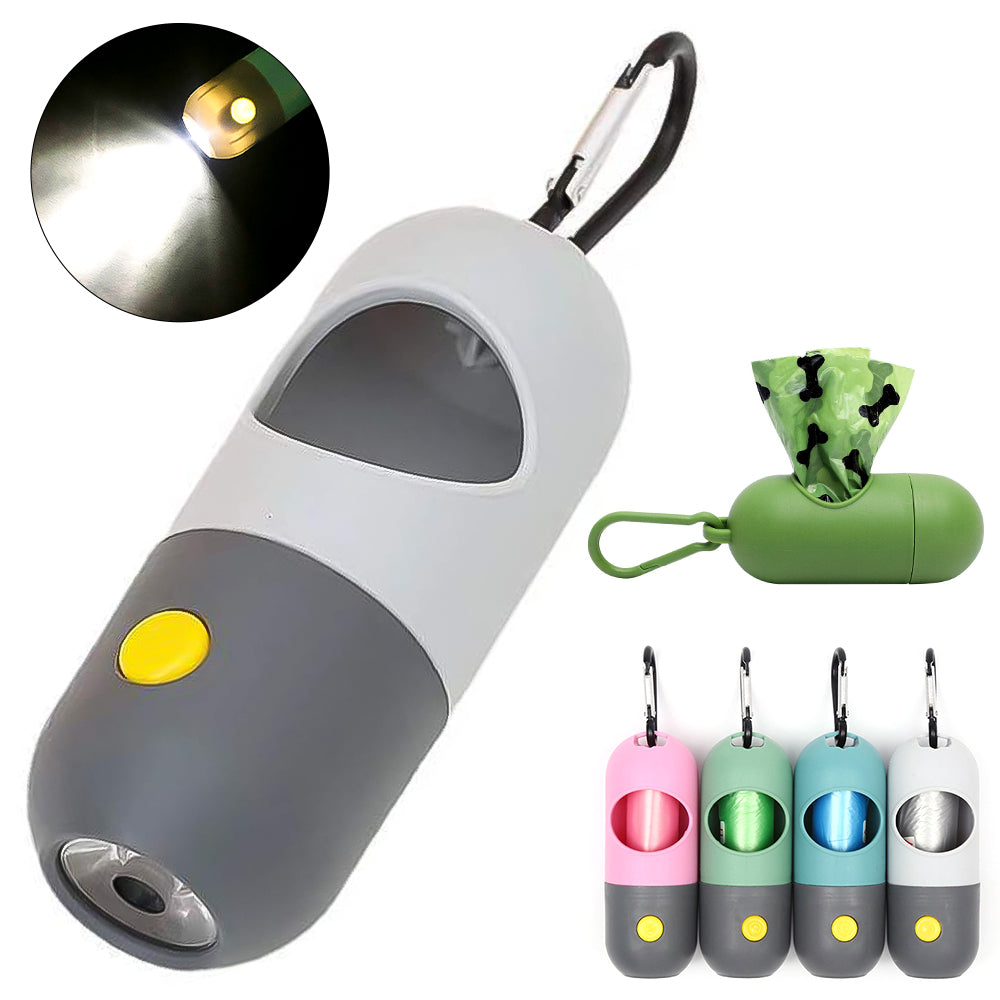 LED dog poo bag dispenser with built-in torch attached to a lead