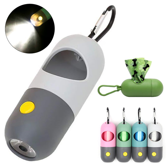 LED dog poo bag dispenser with built-in torch attached to a lead